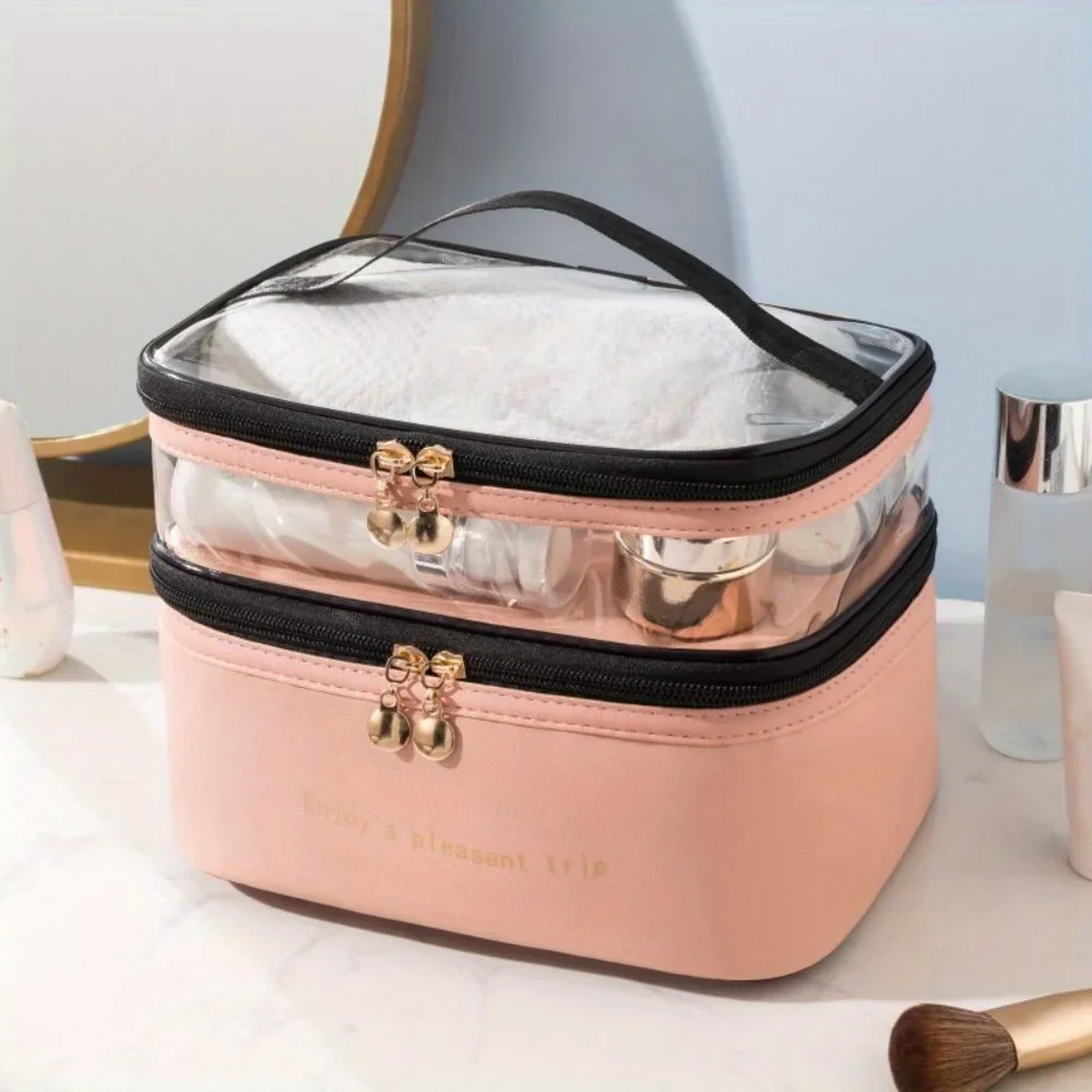 Double-Layer Cosmetic Bag with Large Capacity for Travel and Toiletries - Picture 2 of 4